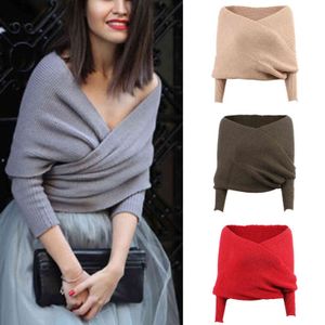1pc Fashion Women Sexy V-neck Wrap Sweaters Scarf Knitted Off Shoulder Shawls Long Sleeve Warm Loose Oversized Scarves Y1122