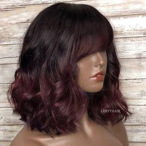 99j Ombre Wave Human Hair Scalp Top Wigs With Bangs 250% Density Short Wavy Full Machine Made For Women Lace