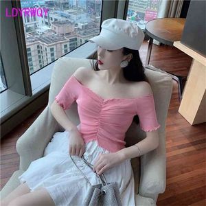 Summer sexy word collar strapless folds slim slimming solid color wild short short-sleeved T-shirt tops women 210416