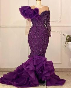 Aso ebi Arabic Purple Lace Mermaid Prom Dresses Sheer Neck Long Sleeves Plus Size Invinging Formal Party Second RecenceS Gowns