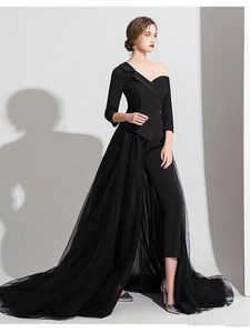 2021 Schwarze Abendkleider Jumpsuit Zug Mode Langarm Schulterfrei Roter Teppich Promi-Anlass Abendkleid mit Hosenanzug