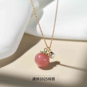 Koreansk stil Peach Red Agate Nectarine Necklace Pearl 925 Silver Tiktok Clavicle Chain Tide