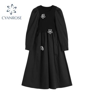 Vintage Uzun Kollu Örme Patchwork Uzun Goth Elbise Kadın Sonbahar Harajuku Çiçek Nakış A-Line Siyah Gotik Elbise 210417