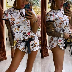 Women Summer Home 2 Piece Set Casual O-Neck Short Sleeve Print Tops Drawstring Ruffle Decor Mid Waist Shorts Ladies Casual Suits 210507