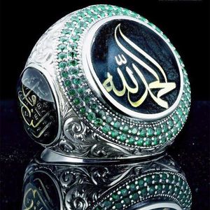 Cluster Rings Vintage Silver Color Turkish Islam Blue Crystal Ring Womens Punk Rock Hip Hop Saudi Muslim Scripture Carved Lucky Stone