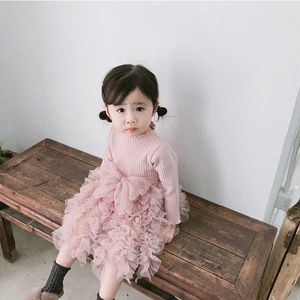 Neonate di primavera in stile coreano Falso Due vestiti a strati patchwork lavorati a maglia Toddler Kids Fashion Soft Princess Dresses Party 210615