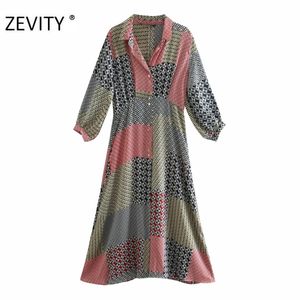 Kobiety Vintage Cloth Patchwork Geometryczne Wydruk Koszula Sukienka Biuro Damskie Retro Casual Slim Vestido Chic Dresses DS4427 210420