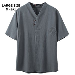 Kinesisk stil Super Plus Size M-9XL Mäns Sommar Casual V-Neck Kortärmad T-tröja Man Lösa T-shirts Tees 5XL 6XL 7XL 8XL 9XL 210629