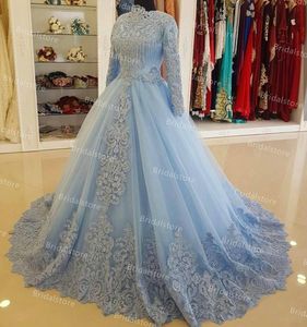 Luxo islâmico azul muçulmano vestido de noite 2021 elegante luva longa laço dubai árabe vestidos de baile vestido de bola festa formal vestidos abendkleider robe de mariée