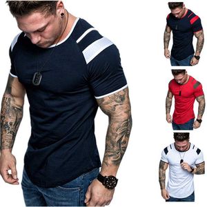 Koszulka męska O-Neck Slim Krótki rękaw High Street T-shirt Mężczyźni Summer Casual Muscle Fitness Top Patchwork Moda Podstawowa Tee 210603