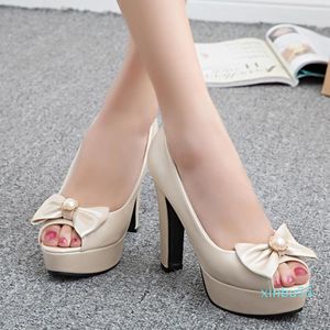 Kvinnor Super High Heel Bröllopspumpar 12cm Peep Toe Sweet Bowtie Sexig Party Shoes Lady Platform Plus Size 34-45