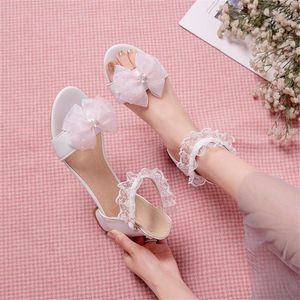 Sandały Pxelena Sweet Bride Wedding White Pink Blue Plus Size 34-43 Girls Dance Butterfly Ruffles Niskie obcasy Buty 2021 Letni Lo