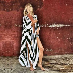 BOHO ZEBRA Pattern Chiffon Bathing Suit Cover-Ups Plus Size Beach Wear Kimono Dres Verão Swimsuit Cobertura A792 210714