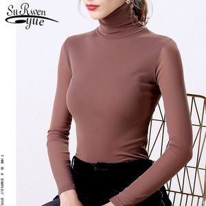 Moda Plus Size Women's Roupas Fall Coreano Sólido Sólido Manga Longa Turtleneck Slim Mulheres Blusa Camisa Chemisier Femme 5912 50 210508