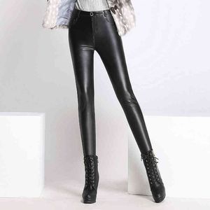 Leather Pants Women PU Abdomen Trousers Autumn Winter Korean Velvet Leggings Pencil Black Mid Tight 210428