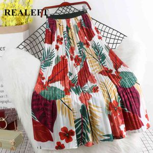 Vintage Floral Leaf Printed Tulle Pleated Women's Long Skirts High Waist Female Umbrella Spring Summer 210428