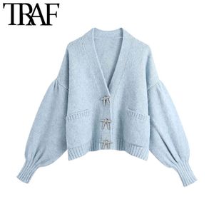 TRAF Women Fashion Rhinestone Knappar Lös Strikkad Cardigan Sweater Vintage Långärmade Fickor Kvinnor OuterWear Chic Toppar 210415