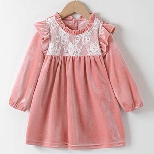 2021 New Spring Autumn Korean Style Lace Decoration Pink Dress Gold Velvet Dress Girl Clothes Casual Dress Q0716
