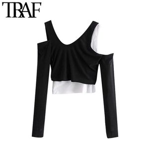 Traf Women Fashion Hollow Out Patchwork Croped Bluses Vintage Long Sleeve Asymmetrical Female Shirts Chic Tops 210415