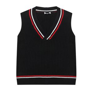 Women Vest Sweater V Neck Knitted Pullovers Sleeveless Black White Stripe Splicing Winter Preppy Style M0141 210514