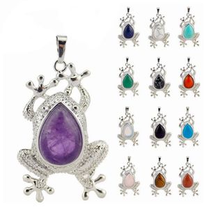 Natural Gemstone Water-drop Frog Shape Creative Pendant Red Agate Amethyst Opal Rose Quartz Healing Crystal Necklace Charm Fashion Reiki Stone Jewelry Wholesale