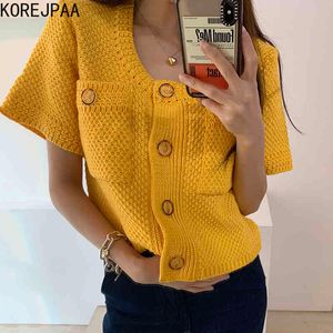 Women Sweater Summer Korean Chic Female Simple Round Neck Single-Breasted Multi-Pocket Short-Sleeved Knit Cardigan 210514