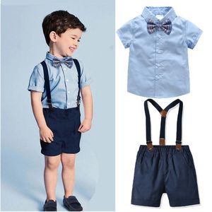 Clothing Sets British Baby Gentlemen Children Wear Boy Clothes Medium And Summer Cotton Short Sleeve Shirt Suspender Pants Four Piece Dress