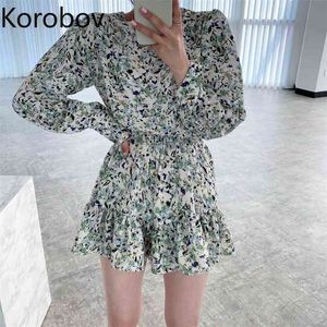 Korobov New Chic Vintage Chiffon Dress Korean Elegant Long Sleeve Spring New Dresses Office Lady Sweet Print Vestidos 210430