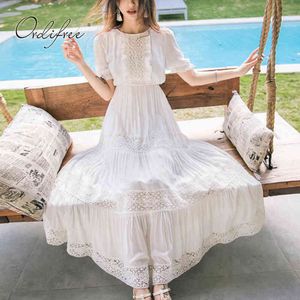 Verão Boho Mulheres Maxi Bohemian White Lace Algodão Longo Túnica Vestido de Praia Vestido de Férias 210415