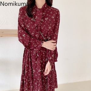 Nomikuma Arrival Tie Collar Long Sleeve Vintage Dress Women Floral Printed Slim Waist A Line Dresses Vestidos Mujer 3c473 210514