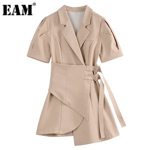 [EAM] Women Khaki Sashes Elegant Asymmetrical Dress Notched Half Sleeve Loose Fit Fashion Spring Summer 1DD7871 210512