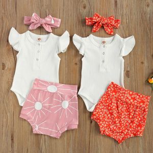Conjuntos de ropa -18m Lindo bebé bebé niña ropa botón de manga blanca sólido de punto mameluco + sol / impresión floral pantalones cortos de cintura alta 3pcs