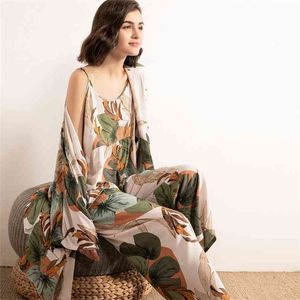 JULY'S SONG 3 PC Viscose Pajamas Set Floral Printed Female Pyjama Elegant Nightwear Spring Summer Cool Sleepwear 210809