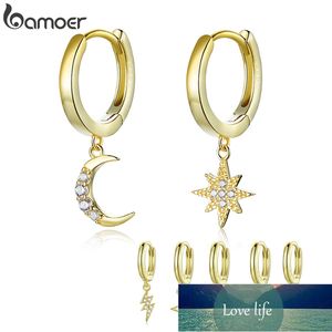 bamoer Genuine 925 Sterling Silver Moon and Star Dangle Earrings with Charm, Plated In Gold New Trends Huggies Earrings SCE785 Factory price expert design Quality