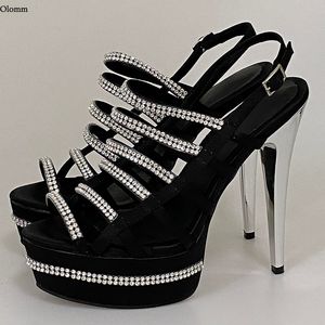 Rontic 2021 Mulheres Plataforma Sandálias Sexy Brilhante Rhinestone Stiletto Saltos Aberto Toe Black Night Club Sapatos Mulheres Plus Size 5-15