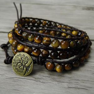 Tennis Gelbes Tigerauge Perlen Armband Braunes Leder Wickel Yoga Boho Herren Stil Schmuck Naturstein