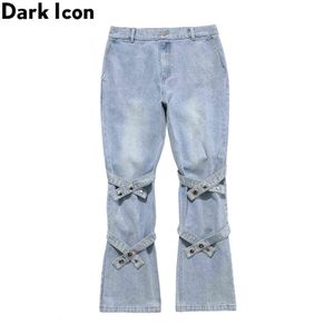 Diz Flare Kot Erkek Kadın Sokak Moda erkek Denim Pantolon Siyah Mavi 210603