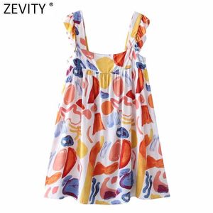 Zevity Women Vintage Square Collar Pleat Ruffles Graffiti Print Mini Klänning Kvinna Casual Vestido Chic Beach Style Dresses DS8384 210603