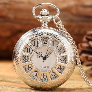 Relógio de bolso de prata antigo com design de roda oca quartzo analógico display relógio para homens mulheres colar pingente corrente