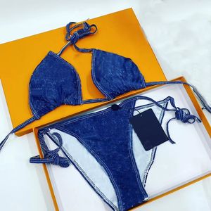 Costume da bagno da donna blu con stampa floreale a lettera Costume da bagno sexy alla moda senza schienale Costume da bagno da viaggio in due pezzi Bikini estivo da spiaggia