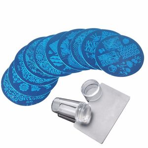 10 Stück runde Nagelschablonen, Stempelplatten-Sets mit 1 Stück klarem Silikon-Stempel, Schaber, Schablone für Nagelkunst, Lack, Maniküre, Werkzeuge NAR007