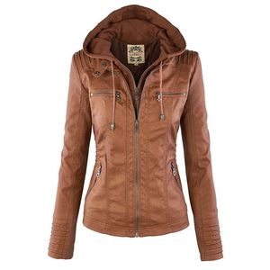 Gotisk faux läderjacka kvinnor khaki vinter motorcykel hoodies ytterkläder pu grundläggande kappa