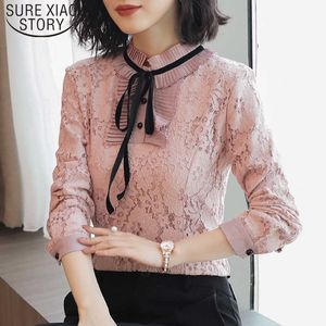 Herbst Langarm Rosa Spitze Frauen Tops Drucken Solide Schmetterling Krawatte Damen Tops Regelmäßige Stand Bogen Büro Dame 5751 50 210527