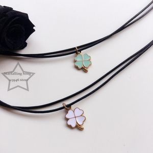 Handmade 13MM Clover Pendant Black Genuine Leather & Stainless Steel Metal Part Jewelry Choker Necklaces Chokers