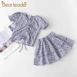 Bear líder meninas casuais roupas florais conjuntos 2021 verão moda bebê flor impressão top e saia roupas 2 pcs crianças roupas y0705