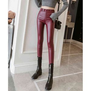 Style Autumn Winter Coated Leather Leggings Women's Slimming Velvet Tight Pressure Pants Boots 960J 210420