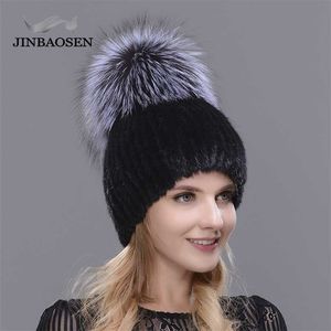 冬の女性のための本物のミンクの毛皮の帽子高品質のビーニーの輸入されたニットキャップ211229
