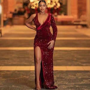 Sparkly Burgundy Evening Dresses 2022 Deep V Neck One Long Sleeve Side Split Sequined Mermaid Prom Dress Plus Size Vestidos de Noite African