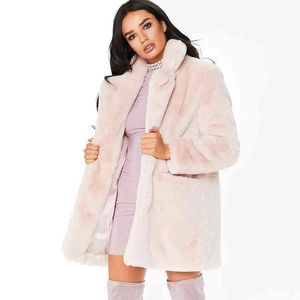 가을 겨울 핑크 플러시 코트 중간 긴 플러시 코트 모방 렉스 토끼 머리 짧은 따뜻한 여성 코트 211207
