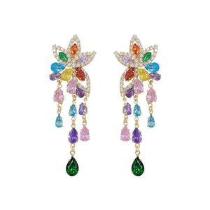 Mixcolor Crystal Flower Tassel Pendant for Women Sweet Statement Leaves Dangle Earrings Luxury Brand Jewelries